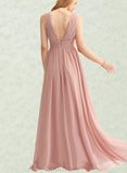 Carmen A-Line V-neck Floor-Length Chiffon Bridesmaid Dress With Pleated UKP0017484