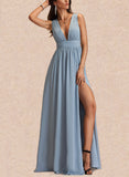 Shelby A-Line V-neck Floor-Length Chiffon Bridesmaid Dress With Pleated UKP0017485