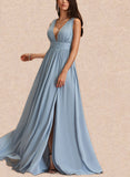 Shelby A-Line V-neck Floor-Length Chiffon Bridesmaid Dress With Pleated UKP0017485