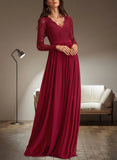 Blanche A-line V-Neck Floor-Length Chiffon Lace Bridesmaid Dress UKP0017488