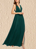 Esme A-line V-Neck Floor-Length Chiffon Bridesmaid Dress With Pleated UKP0017491