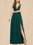 Esme A-line V-Neck Floor-Length Chiffon Bridesmaid Dress With Pleated UKP0017491