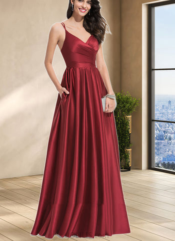 Kennedy A-line V-Neck Floor-Length Satin Bridesmaid Dress With Pleated UKP0017492