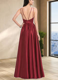 Kennedy A-line V-Neck Floor-Length Satin Bridesmaid Dress With Pleated UKP0017492