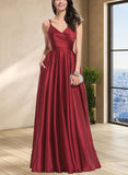 Kennedy A-line V-Neck Floor-Length Satin Bridesmaid Dress With Pleated UKP0017492