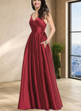 Kennedy A-line V-Neck Floor-Length Satin Bridesmaid Dress With Pleated UKP0017492