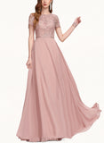 Bailey A-line Scoop Floor-Length Chiffon Lace Bridesmaid Dress UKP0017493