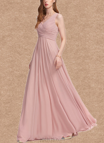 Kaylen A-line V-Neck Floor-Length Chiffon Bridesmaid Dress With Pleated UKP0017494