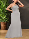 Emmy Trumpet/Mermaid One Shoulder Sweep Train Chiffon Lace Bridesmaid Dress With Sequins UKP0017495