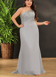 Emmy Trumpet/Mermaid One Shoulder Sweep Train Chiffon Lace Bridesmaid Dress With Sequins UKP0017495