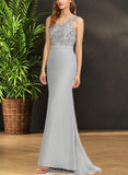 Emmy Trumpet/Mermaid One Shoulder Sweep Train Chiffon Lace Bridesmaid Dress With Sequins UKP0017495