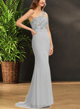 Emmy Trumpet/Mermaid One Shoulder Sweep Train Chiffon Lace Bridesmaid Dress With Sequins UKP0017495