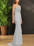 Emmy Trumpet/Mermaid One Shoulder Sweep Train Chiffon Lace Bridesmaid Dress With Sequins UKP0017495