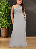 Emmy Trumpet/Mermaid One Shoulder Sweep Train Chiffon Lace Bridesmaid Dress With Sequins UKP0017495