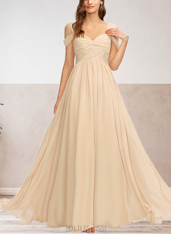 Brianna A-Line V-neck Cold Shoulder Floor-Length Chiffon Bridesmaid Dress With Pleated UKP0017496