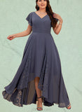 Sibyl A-line V-Neck Asymmetrical Chiffon Lace Bridesmaid Dress With Pleated UKP0017497