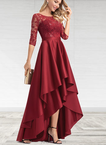 Saniya A-Line Scoop Illusion Asymmetrical Satin Lace Bridesmaid Dress With Sequins UKP0017498