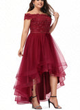 Carissa A-Line Off-the-Shoulder Asymmetrical Tulle Lace Bridesmaid Dress With Beading Sequins Bow(s) UKP0017499