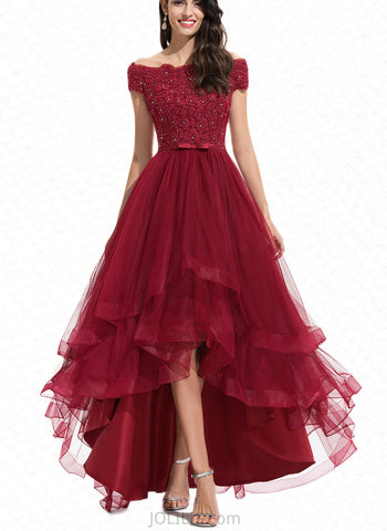 Carissa A-Line Off-the-Shoulder Asymmetrical Tulle Lace Bridesmaid Dress With Beading Sequins Bow(s) UKP0017499