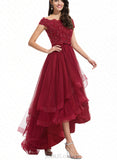 Carissa A-Line Off-the-Shoulder Asymmetrical Tulle Lace Bridesmaid Dress With Beading Sequins Bow(s) UKP0017499