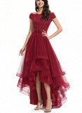 Carissa A-Line Off-the-Shoulder Asymmetrical Tulle Lace Bridesmaid Dress With Beading Sequins Bow(s) UKP0017499