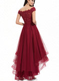 Carissa A-Line Off-the-Shoulder Asymmetrical Tulle Lace Bridesmaid Dress With Beading Sequins Bow(s) UKP0017499