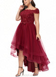 Carissa A-Line Off-the-Shoulder Asymmetrical Tulle Lace Bridesmaid Dress With Beading Sequins Bow(s) UKP0017499