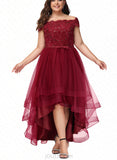 Carissa A-Line Off-the-Shoulder Asymmetrical Tulle Lace Bridesmaid Dress With Beading Sequins Bow(s) UKP0017499