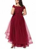 Carissa A-Line Off-the-Shoulder Asymmetrical Tulle Lace Bridesmaid Dress With Beading Sequins Bow(s) UKP0017499