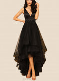 Alaina A-line V-Neck Asymmetrical Satin Tulle Bridesmaid Dress With Beading UKP0017500