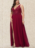 Leyla A-line V-Neck Floor-Length Chiffon Lace Bridesmaid Dress With Sequins UKP0017501