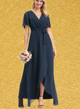 Miah A-Line V-neck Asymmetrical Chiffon Bridesmaid Dress With Bow(s) Pleated UKP0017503