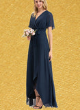 Miah A-Line V-neck Asymmetrical Chiffon Bridesmaid Dress With Bow(s) Pleated UKP0017503