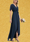 Miah A-Line V-neck Asymmetrical Chiffon Bridesmaid Dress With Bow(s) Pleated UKP0017503