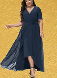 Miah A-Line V-neck Asymmetrical Chiffon Bridesmaid Dress With Bow(s) Pleated UKP0017503