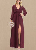 Amelia A-Line V-neck Floor-Length Chiffon Bridesmaid Dress With Bow(s) Pleated UKP0017504