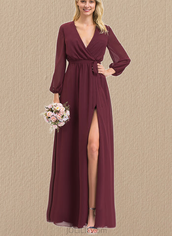 Amelia A-Line V-neck Floor-Length Chiffon Bridesmaid Dress With Bow(s) Pleated UKP0017504