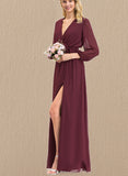 Amelia A-Line V-neck Floor-Length Chiffon Bridesmaid Dress With Bow(s) Pleated UKP0017504