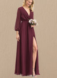 Amelia A-Line V-neck Floor-Length Chiffon Bridesmaid Dress With Bow(s) Pleated UKP0017504