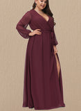 Amelia A-Line V-neck Floor-Length Chiffon Bridesmaid Dress With Bow(s) Pleated UKP0017504