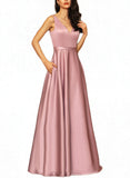 Averi A-line V-Neck Floor-Length Satin Bridesmaid Dress UKP0017507