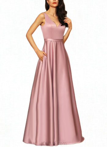 Averi A-line V-Neck Floor-Length Satin Bridesmaid Dress UKP0017507