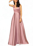 Averi A-line V-Neck Floor-Length Satin Bridesmaid Dress UKP0017507