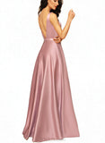 Averi A-line V-Neck Floor-Length Satin Bridesmaid Dress UKP0017507