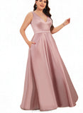 Averi A-line V-Neck Floor-Length Satin Bridesmaid Dress UKP0017507