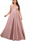 Averi A-line V-Neck Floor-Length Satin Bridesmaid Dress UKP0017507