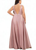 Averi A-line V-Neck Floor-Length Satin Bridesmaid Dress UKP0017507