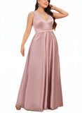 Averi A-line V-Neck Floor-Length Satin Bridesmaid Dress UKP0017507