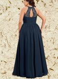 Mikayla A-line Scoop Illusion Floor-Length Chiffon Lace Bridesmaid Dress UKP0017508