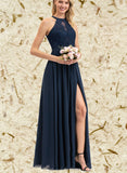 Mikayla A-line Scoop Illusion Floor-Length Chiffon Lace Bridesmaid Dress UKP0017508